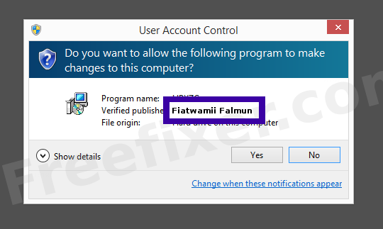 Screenshot where Fiatwamii Falmun appears as the verified publisher in the UAC dialog